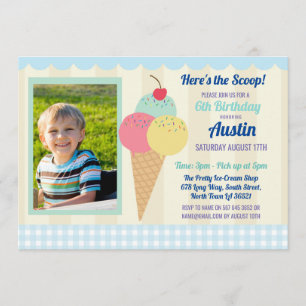 Birthday Party Invite Ice Cream Boy's Photo Blue