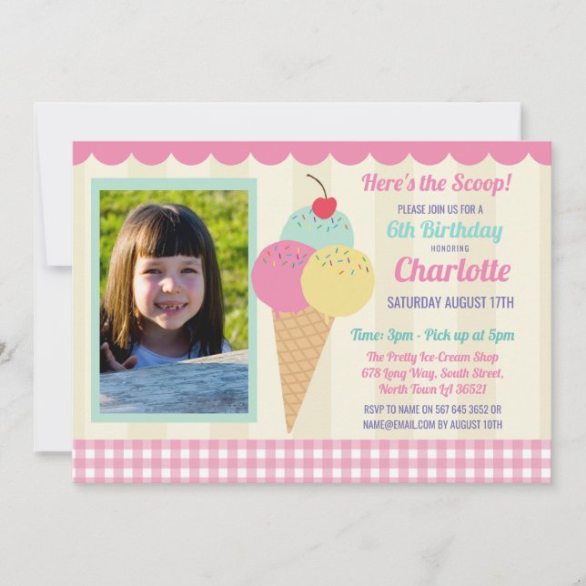 Birthday Party Invite Ice Cream Photo Pink Parlour (Front)