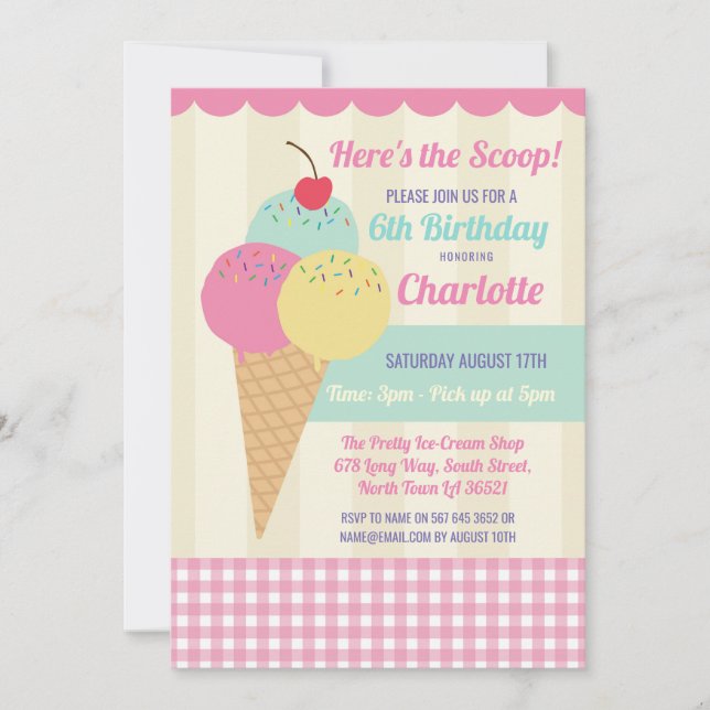 Birthday Party Invite Ice Cream Scoop Parlour (Front)