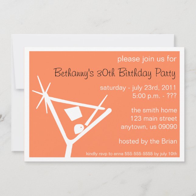 Birthday Party Invite Martini Glass (Orange) (Front)