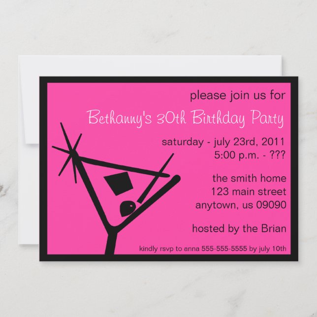 Birthday Party Invite Martini Glass (Pink) (Front)
