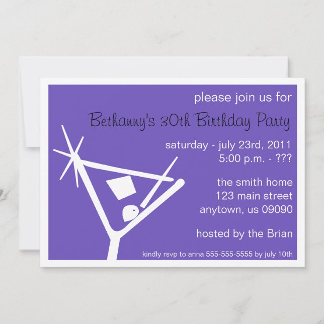 Birthday Party Invite Martini Glass (Purple) (Front)