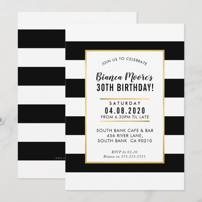 BIRTHDAY PARTY INVITE modern minimal black stripe (Front/Back)