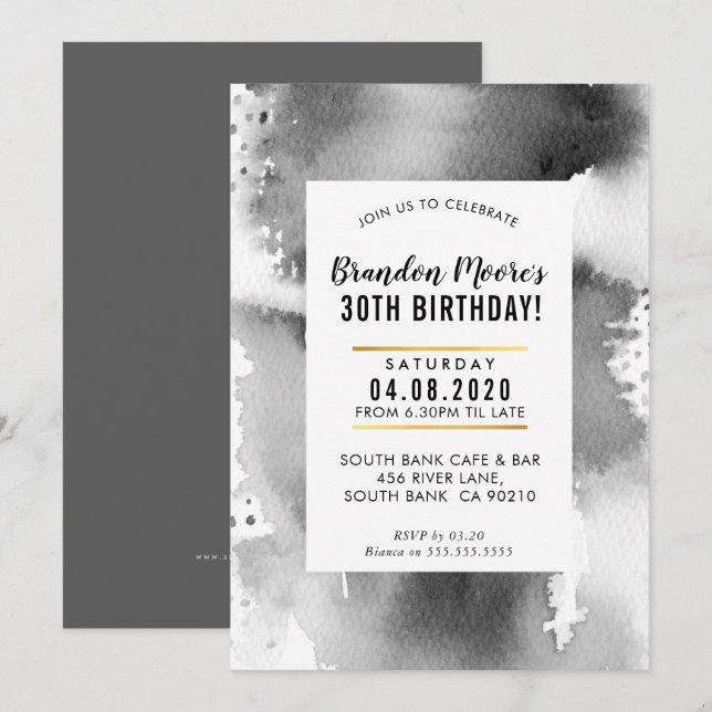 BIRTHDAY PARTY INVITE modern watercolor manly grey (Front/Back)
