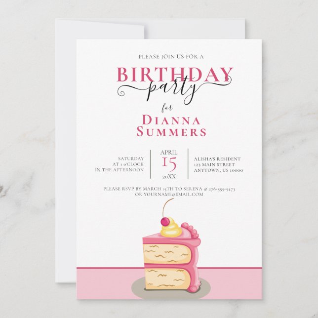 BIRTHDAY PARTY INVITE, PINK CAKE ART INVITATION (Front)