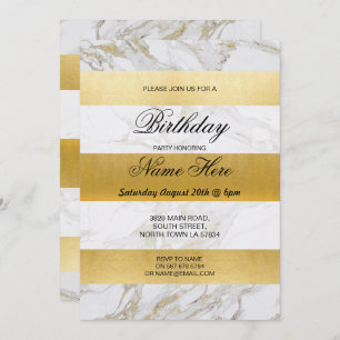 Birthday Party Invite Stripe White Marble Gold 20s