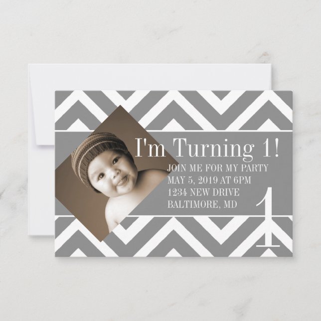 Birthday Party Invite | Turning Chevron Grey (Front)