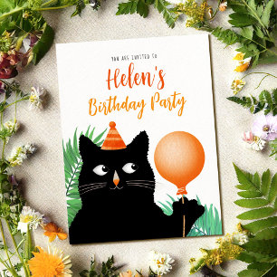 Birthday party invite with black cat postcard