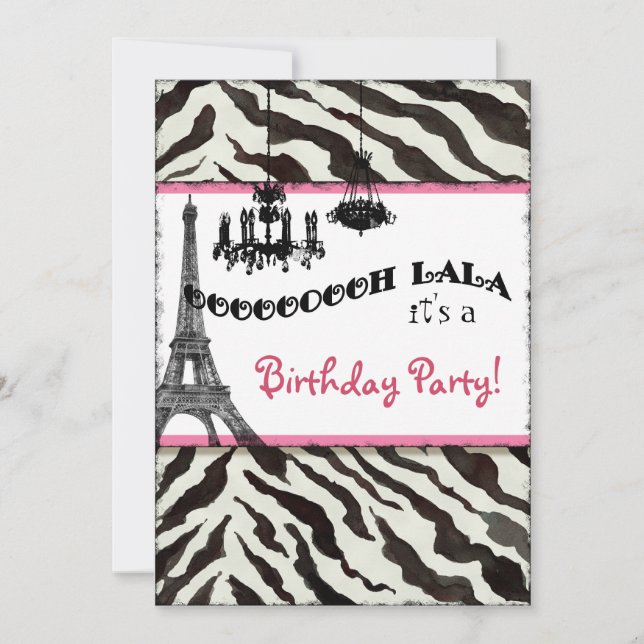 Birthday Party Invite, Zebra, Eiffel Tower Invitation (Front)
