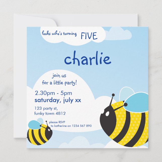 BIRTHDAY PARTY INVITES :: bees in the sky 2SQ (Front)