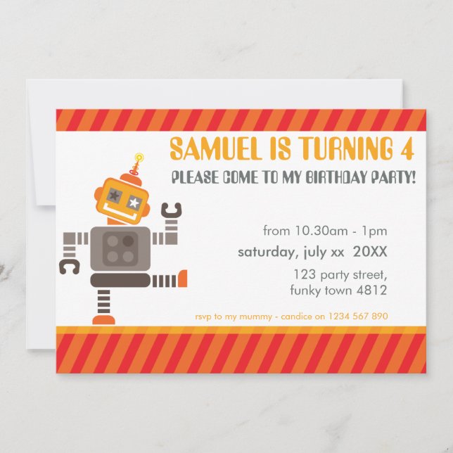 BIRTHDAY PARTY INVITES cool robot dancing orange (Front)