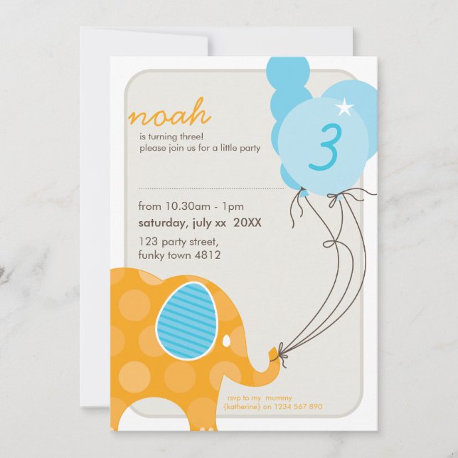 BIRTHDAY PARTY INVITES :: elephant + balloons 2P (Front)