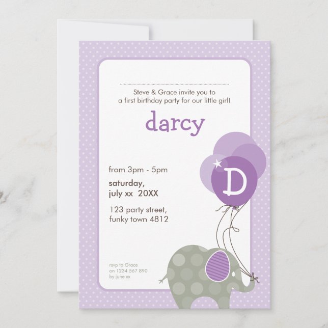 BIRTHDAY PARTY INVITES :: elephant + balloons 5P (Front)