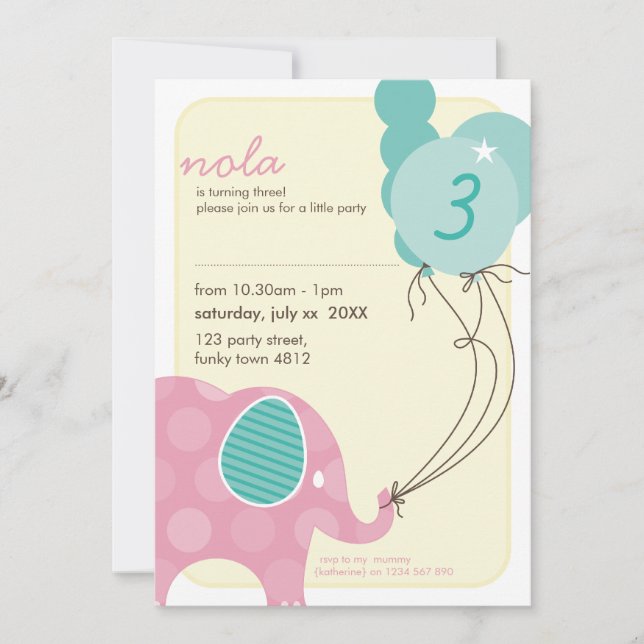 BIRTHDAY PARTY INVITES :: elephant + balloons 7P (Front)