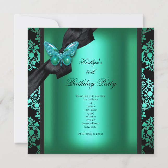 Birthday Party Jade Green Black Damask Butterfly Invitation (Front)