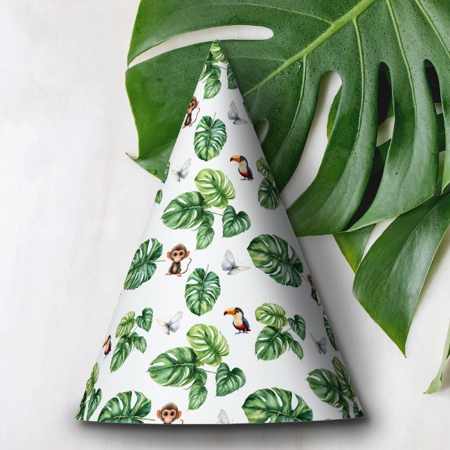 Birthday Party Kids Paper Hat (Safari Animal Pattern Animals Toucan Monkey Butterfly Tropical Leaves Birthday Wrapping Paper)
