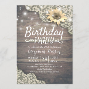 Birthday Party Lace Sunflower Wood & String Lights Invitation