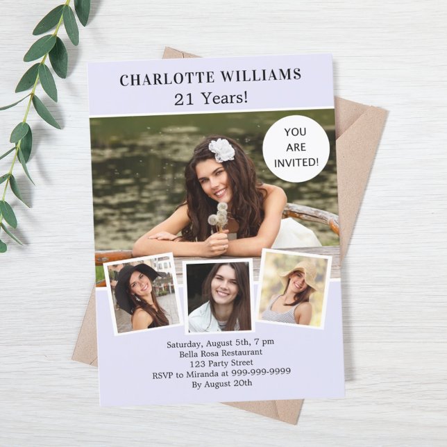 Birthday party lavender photo collage invitation (Creator Uploaded)