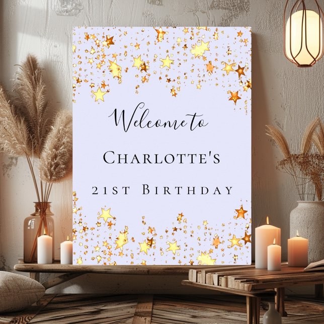 Birthday party lavender violet gold stars welcome poster (Creator Uploaded)