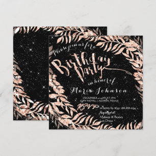 Birthday Party Leaf Wreath Glitter Black Rose Gold Invitation