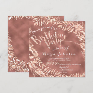Birthday Party Leaf Wreath Skinny Stars Rose Gold Invitation