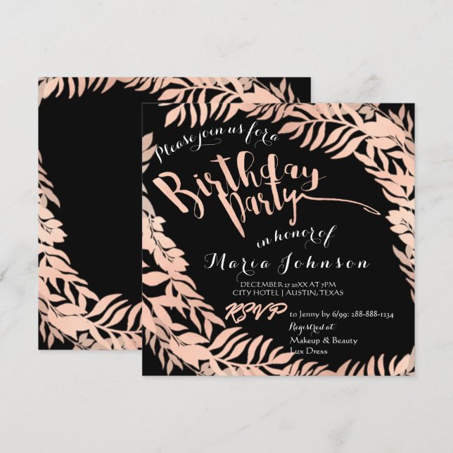 Birthday Party  Leafs Wreath Black Rose Gold Invitation (Front/Back)