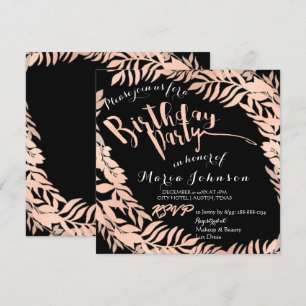 Birthday Party  Leafs Wreath Black Rose Gold Invitation