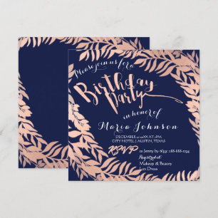 Birthday Party  Leafs Wreath Blue Navy Rose Gold Invitation