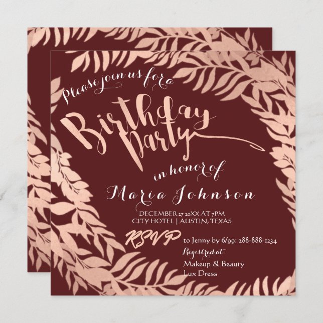 Birthday Party  Leafs Wreath Burgundy Rose Gold Invitation (Front/Back)