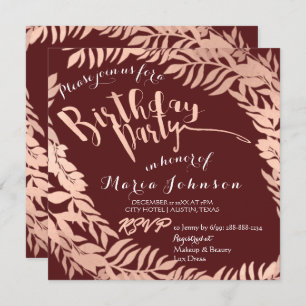Birthday Party  Leafs Wreath Burgundy Rose Gold Invitation