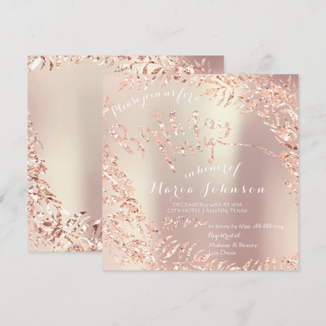 Birthday Party Leafs Wreath Glitter Pink Rose Gold Invitation (Front/Back)