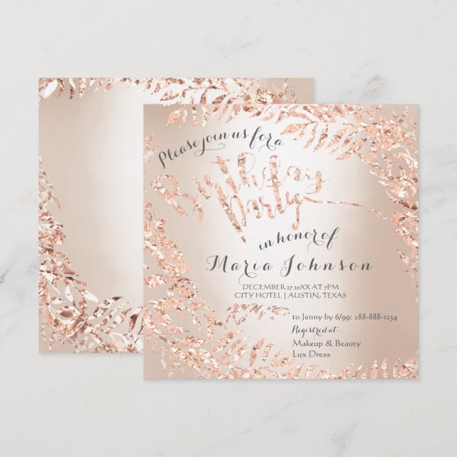 Birthday Party Leafs Wreath Ivory Pink Rose Gold Invitation (Front/Back)