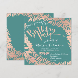 Birthday Party Leafs Wreath Mint Pink Rose Gold Invitation