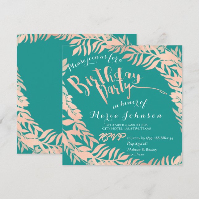 Birthday Party  Leafs Wreath Mint Teal Rose Gold Invitation (Front/Back)