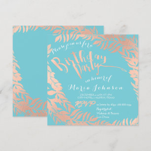 Birthday Party  Leafs Wreath Ocean Pink Rose Gold Invitation