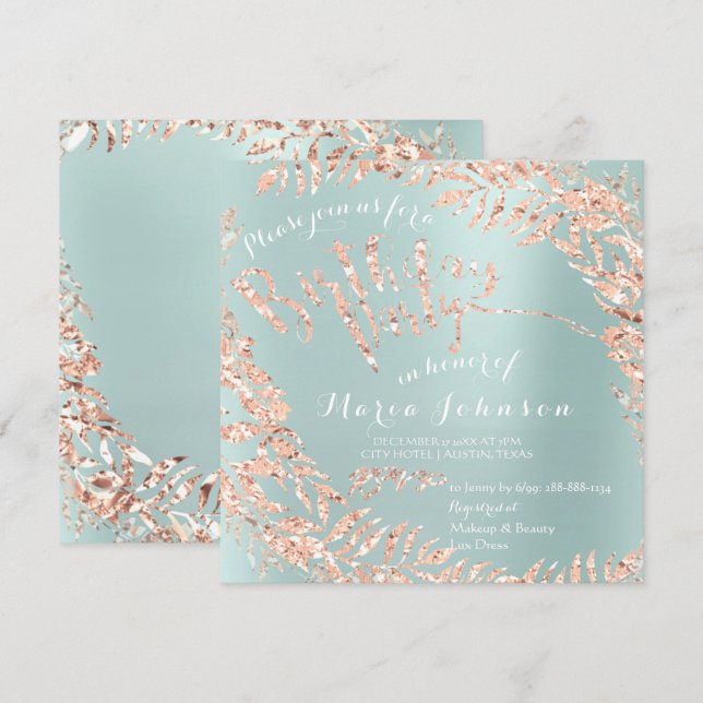 Birthday Party Leafs Wreath Tiffany Aqua Rose Gold Invitation (Front/Back)
