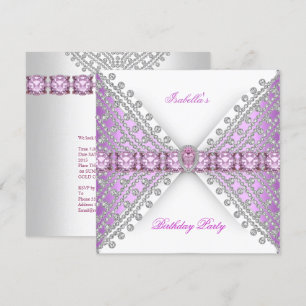 Birthday Party Lilac Pink Silver White Diamond Bow Invitation