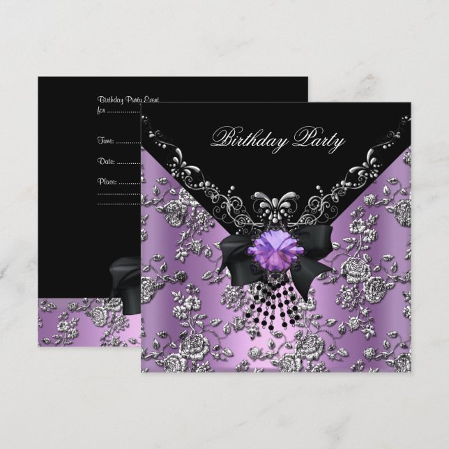 Birthday Party Lilac Purple Black Silver Damask Invitation (Front/Back)