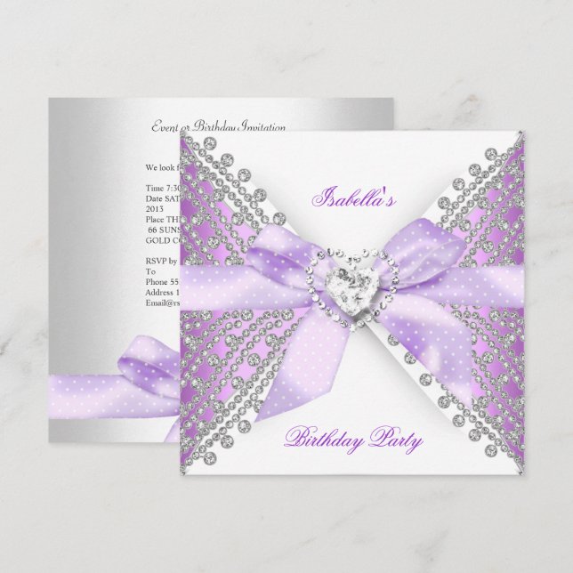 Birthday Party Lilac Purple Silver White Diamond Invitation (Front/Back)