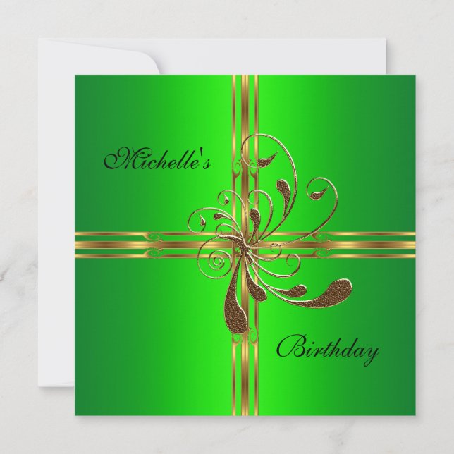 Birthday Party Lime Green Gold Gift Bow Invitation (Front)