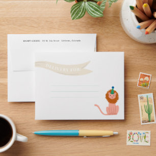 Birthday Party Lion with Banner Kid Thank You Envelope