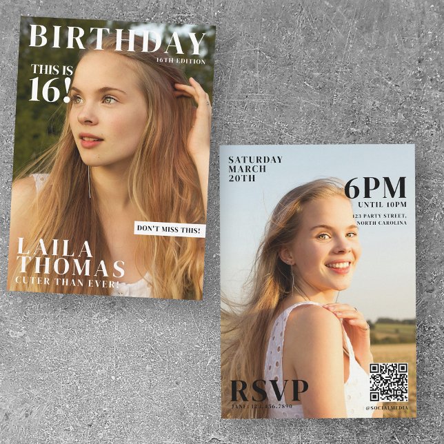 Birthday Party Magazine Cover Photos Teenager Girl Invitation (Custom Birthday Party Magazine Cover Teenager Invitation)