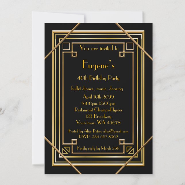 Birthday Party man, gold Gatsby style, black Invitation (Front)