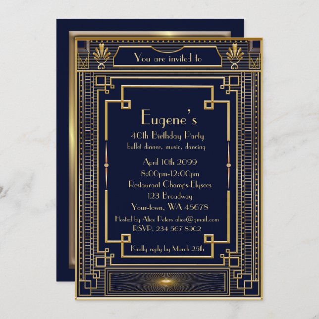 Birthday Party man, gold Gatsby style, navy Invitation (Front/Back)