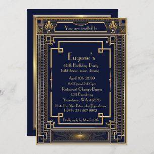 Birthday Party man, gold Gatsby style, navy Invitation
