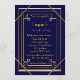Birthday Party man, gold Gatsby style, navy Invitation