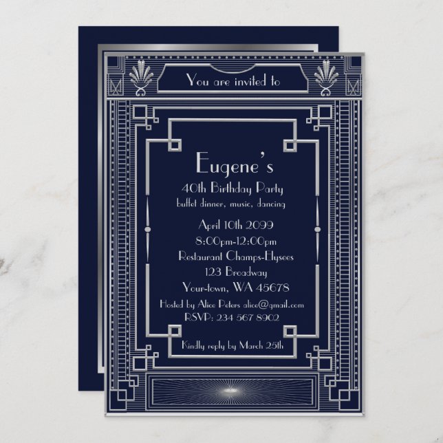 Birthday Party man,silver Gatsby style,navy Invitation (Front/Back)