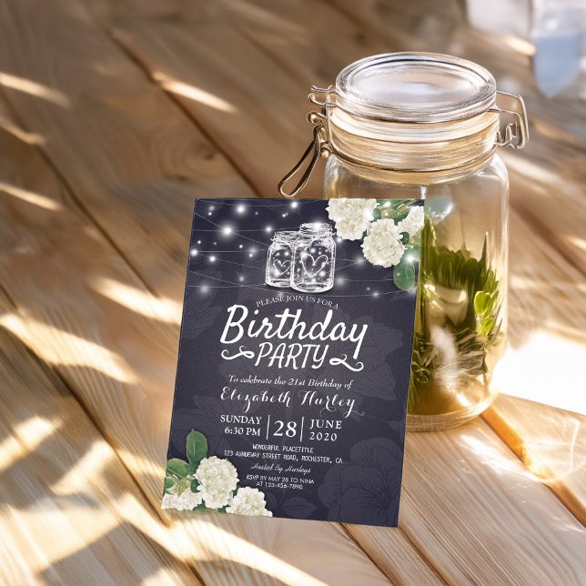 Birthday Party Mason Jars Hydrangea String Lights Invitation (Creator Uploaded)