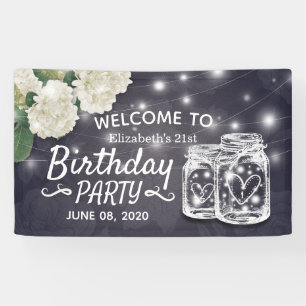 Birthday Party Mason Jars String Lights Flowers Banner
