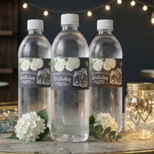 Birthday Party Mason Jars String Lights Flowers Water Bottle Label